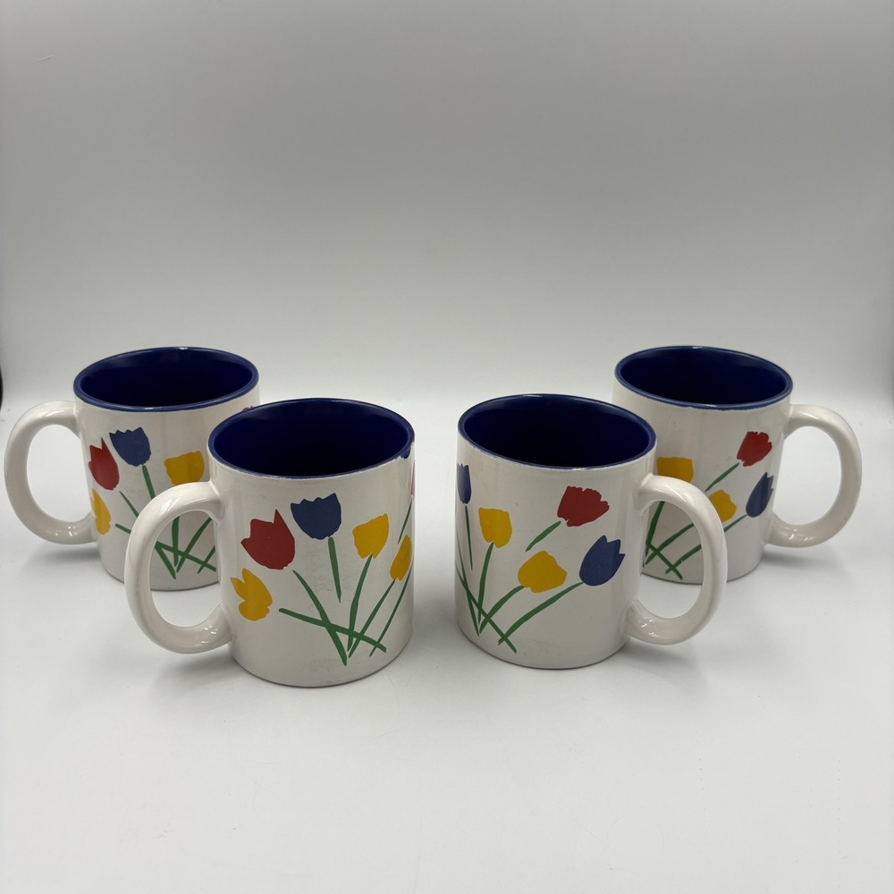 K.I.C. Coffee Mugs Set Of 4 White Ceramic Tulip Floral Blue Interior Cups